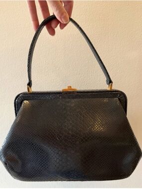 Vintage Charles Jourdan Paris Blue Black Lizard Embossed Leather Handbag